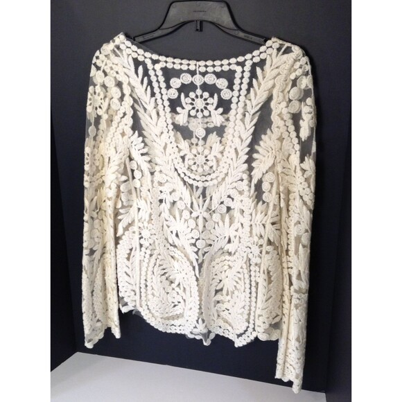 Crochet Lace Blouse M Cream Sheer Embroidered Boho Cottage Romantic Holiday Top - Picture 7 of 10